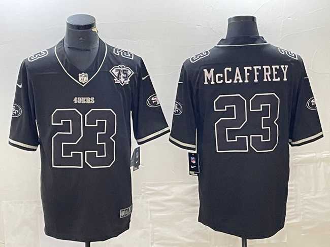 Men%27s San Francisco 49ers #23 Christian McCaffrey Black With 75th Anniversary Patch Football Stitched Jersey